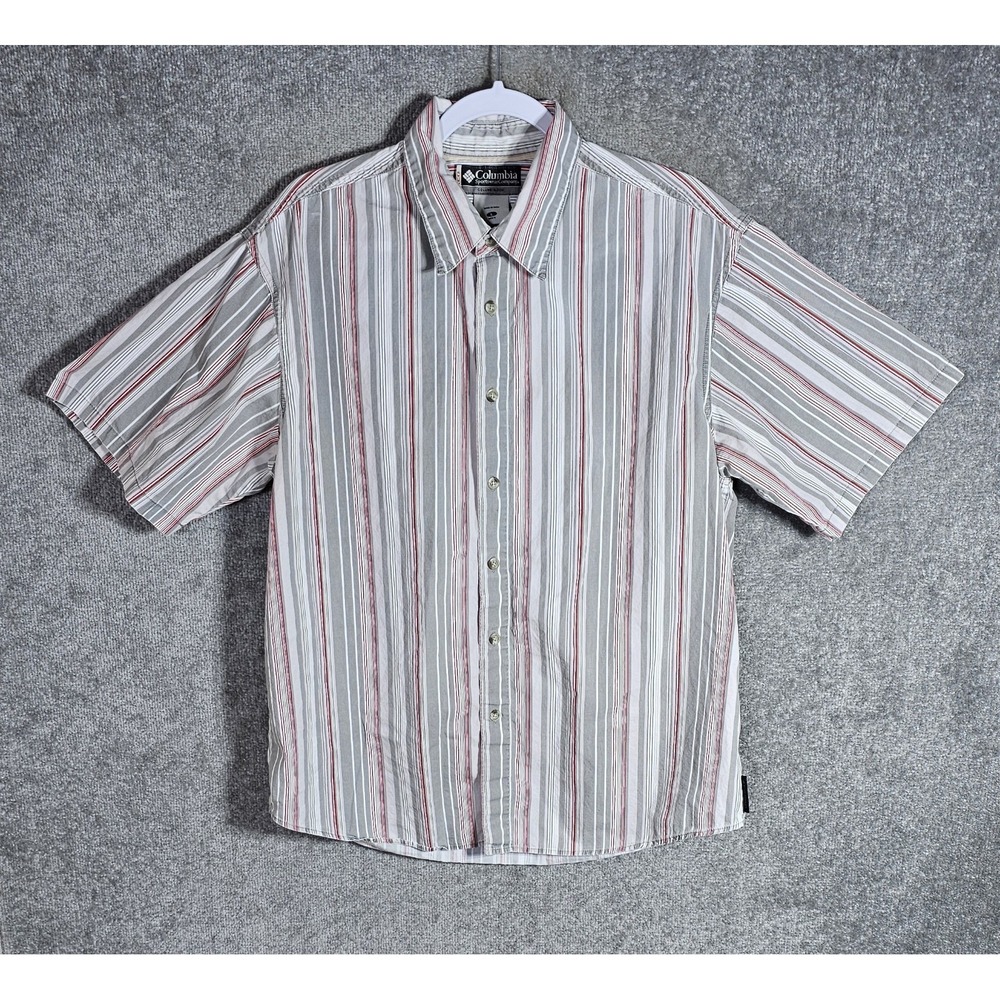 Columbia XCO Button Up Shirt Mens Size Large Gray Red White Striped Short Sleeve